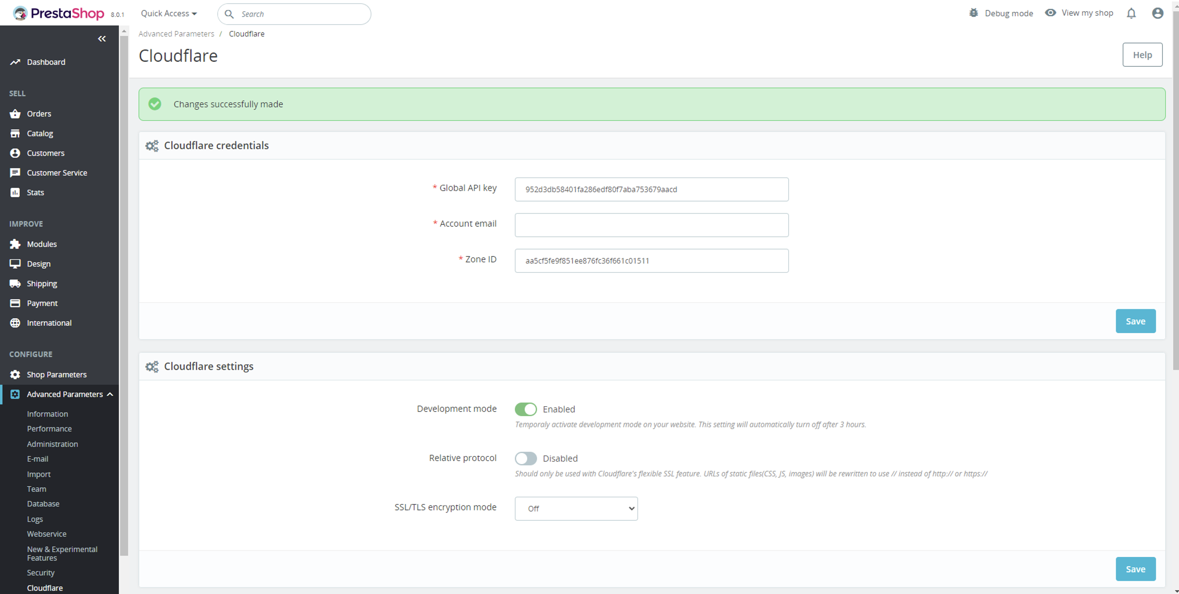 cloudflare prestashop panel settings