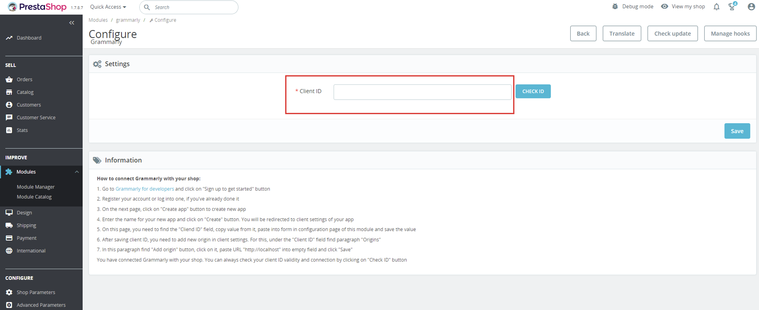 unique grammarly prestashop module client id